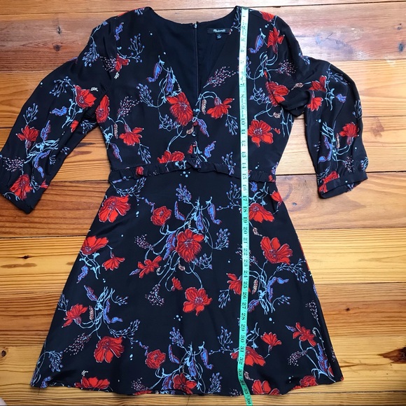 Madewell Black Red Silk Floral V-Neck Dress, EUC, 4 - Picture 10 of 16
